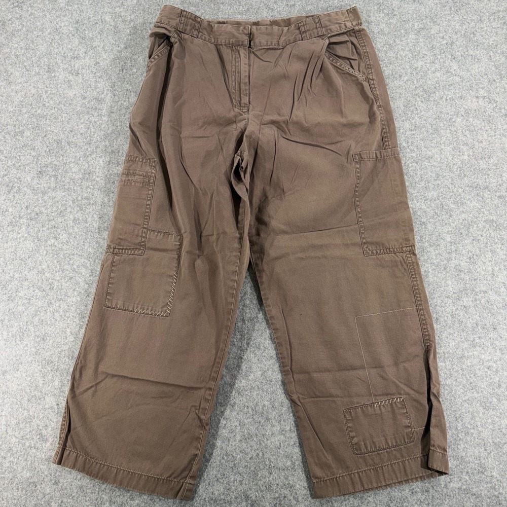 J. Jill Brown Cotton Cargo Pants Womens 10 Wide Leg Cropped Utility Trousers